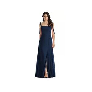 Dessy Collection Dress Womens 10 R Luxchiff FL Bow Shoulder Blue Maxi Plus